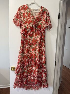 Hope & Ivy- Floral Red Rose Print Midi Dress - Women's